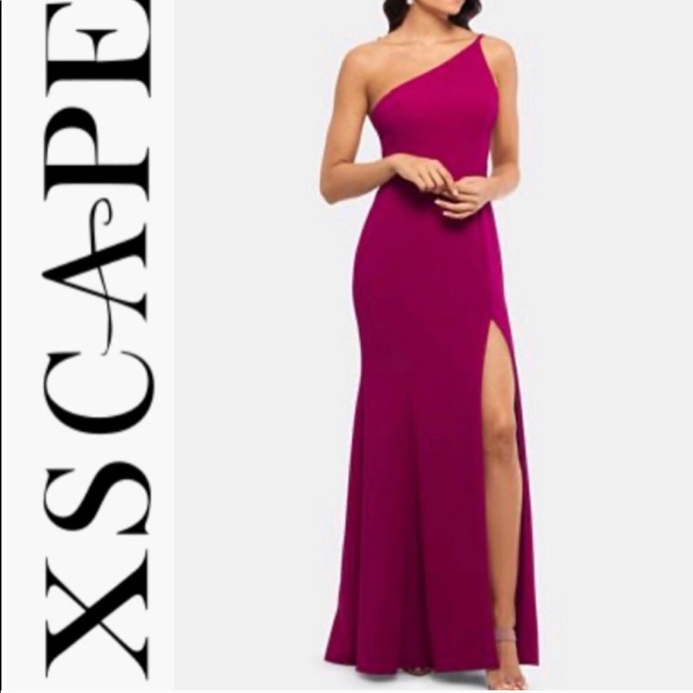 Xscape One Shoulder Magenta Evening Gown